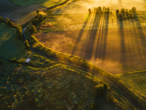 Aerial view of golden sunrise casting long shadows over agricultural fields and a winding stream in the rural landscape of Hallesaker, Halland County, Sweden.