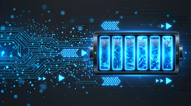 Glowing digital battery icon with circuit board background representing energy and technology power