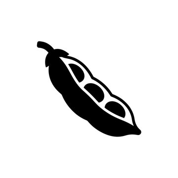 A black and white illustration of a single opened pea pod, showing the peas inside