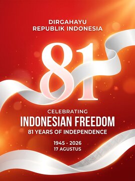 Indonesia independence anniversary poster displays a bold number eighty-one with white flowing ribbons on a deep red background to celebrate national freedom.