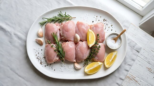 Raw chicken thighs on a plate with fresh rosemary herbs lemon slices and garlic cloves for cooking. boneless chicken thigh