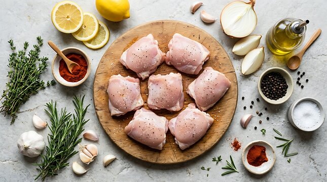 Raw chicken thighs on a wooden board with fresh herbs spices and lemon for cooking a healthy meal. boneless chicken thigh