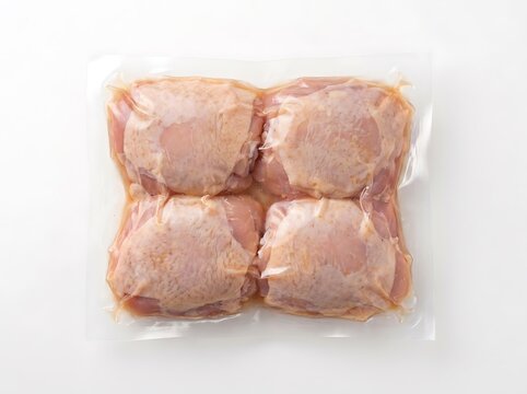 Four raw chicken thighs packed in clear plastic vacuum seal for fresh supermarket meat product sales. boneless chicken thigh