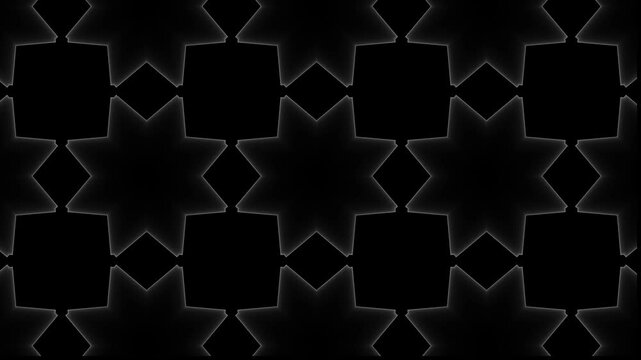 Abstract geometric kaleidoscope motion background, with pulsing glowing, star patterns in, monochrome  4K STOCK VIDEO