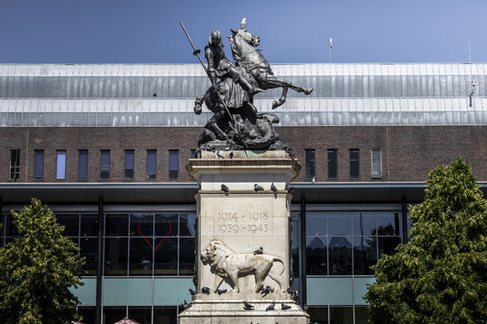 Newcastle upon Tyne, England, United Kingdom - 13 July 2026: View of the St. George and the Dragon war memorial statue featuring a knight on horseback slaying a dragon.