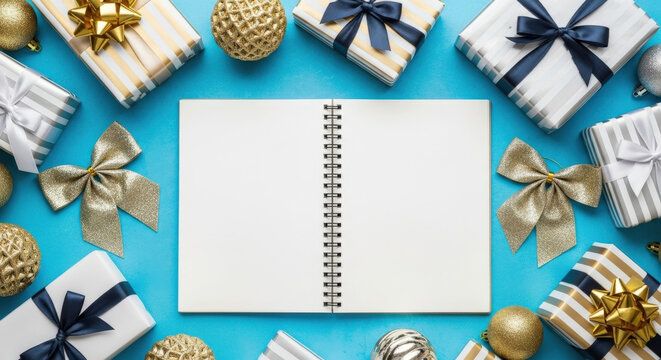 Open blank spiral bound notebook surrounded by assorted wrapped christmas gifts and decorative baubles on a bright blue surface, festive holiday planning concept.