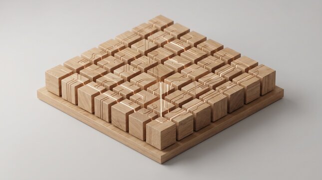 Isometric Wooden Modular Computing Matrix for AI Infrastructure and Distributed System Architecture Concept
