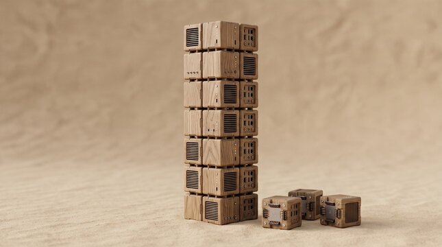 Expandable Wooden Modular Computing Tower for Scalable Infrastructure and Technology Growth Concept