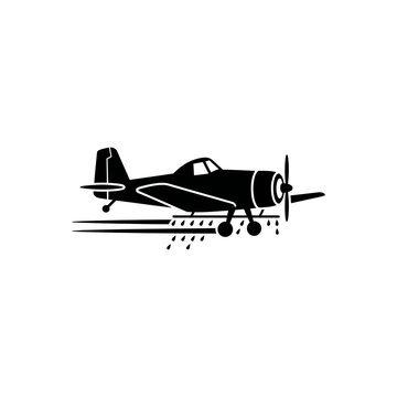 An illustration of a crop duster airplane spraying pesticide over a field. The airplane is depicted in silhouette, with its propeller spinning and droplets falling from its wings.