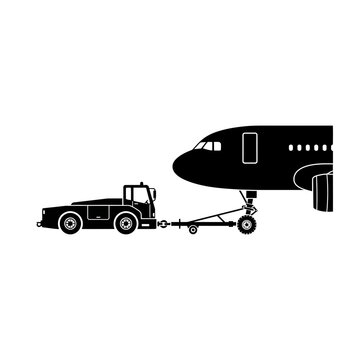 An airport tractor pushing an airplane. This is an illustration of a vehicle used to move aircraft on the ground