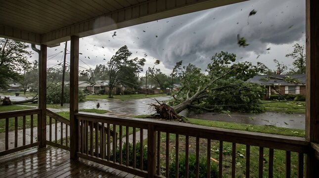Derecho windstorm damage on residential street