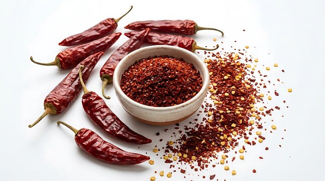Whole dried red chili peppers and a small bowl of spicy crushed pepper flakes for cooking and seasoning. aleppo pepper powder
