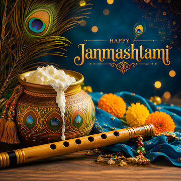 Happy janmashtami celebration with traditional flute and butter pot janmashtami festival