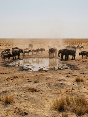Obraz premium Wild animals gathering at shrinking savanna waterhole