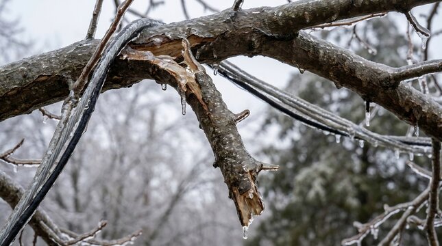 Ice-encased tree branches after winter ice storm