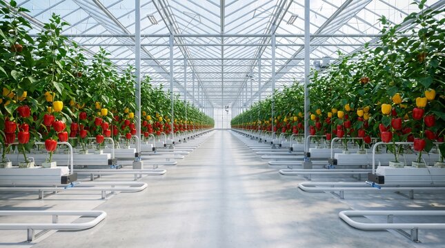 Fresh red and yellow bell peppers growing on vines inside a large modern industrial glass greenhouse
