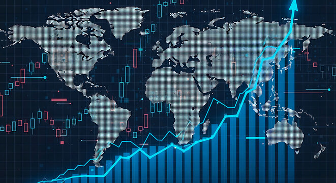 Global world map with rising blue financial growth charts and data analytics