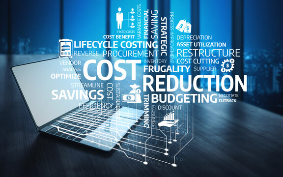 Dynamic image showcasing cost reduction strategies in business, featuring a laptop with words like budgeting and savings, representing financial management concepts effectively. Tessel