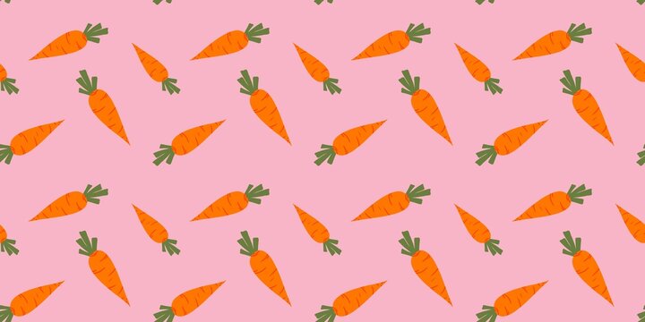 Gentle blush pink background featuring cute orange carrot motifs. A romantic sweet vegetable pattern for baby girl gift wrap paper, nursery wall art, and baking packaging.