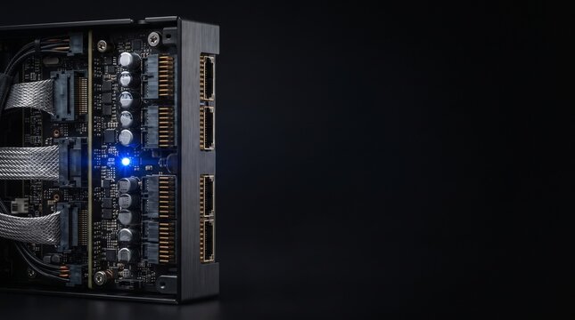 Enterprise SAS control hub with gold-plated pins and blue LED indicator on dark brushed steel with negative space.