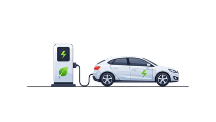 Naklejka premium White Electric Car Charging at EV Station, Eco-Friendly Transportation Illustration