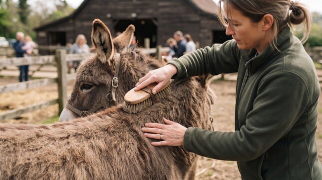 Woman brushing donkey on farm. Caring for animals in petting zoo. Professional pet groomer cleaning mammal fur. Rural agriculture lifestyle, animal welfare, connection with nature