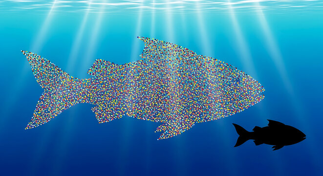 Large fish made of small icons swimming underwater with a smaller silhouette fish