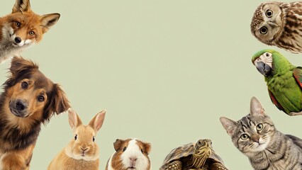 Naklejka premium Group of cute animals looking into center on light background. domestic pet and wild creature forming circle frame. Concept of wildlife conservation and pet care advertisement, banner, copy space