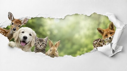 Fototapeta premium Group of cute animals looking through a torn white paper hole. Diverse wildlife and pets peeking from a rip in the background. Funny wild and domestic creature concept for banner, copy space