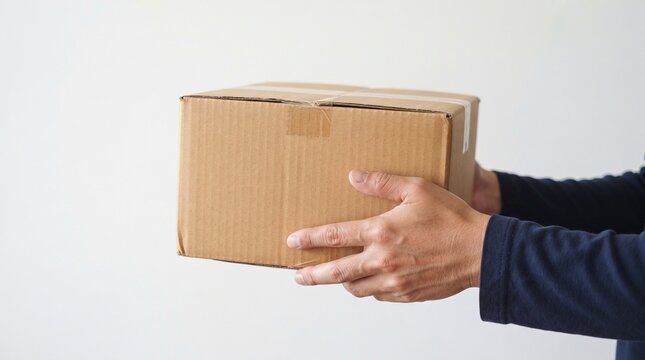 Hands holding a cardboard box package, delivery concept