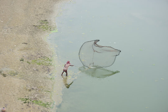 Kushtia, Khulna Division, Bangladesh - 12 March 2020: View of a fisherman casting a net into the river, with muddy banks and calm water.