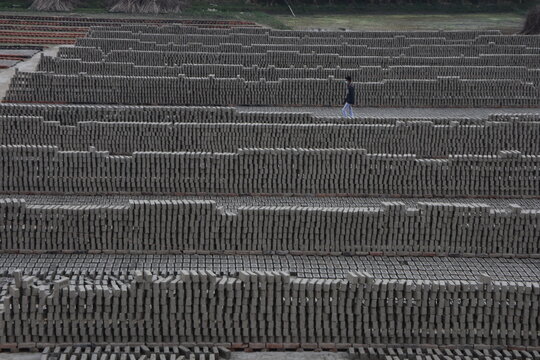 Kushtia District, Khulna Division, Bangladesh - 28 November 2020: View of rows of sun-dried bricks arranged in a vast field with a worker walking between them.