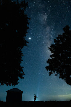 View of a person in silhouette under a starry night sky with the Milky Way, holding a flashlight, framed by trees and a small hut in Kushtia, Khulna Division, Bangladesh.