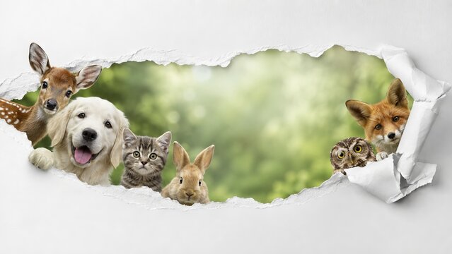 Group of cute animals looking through a torn white paper hole. Diverse wildlife and pets peeking from a rip in the background. Funny wild and domestic creature concept for banner, copy space