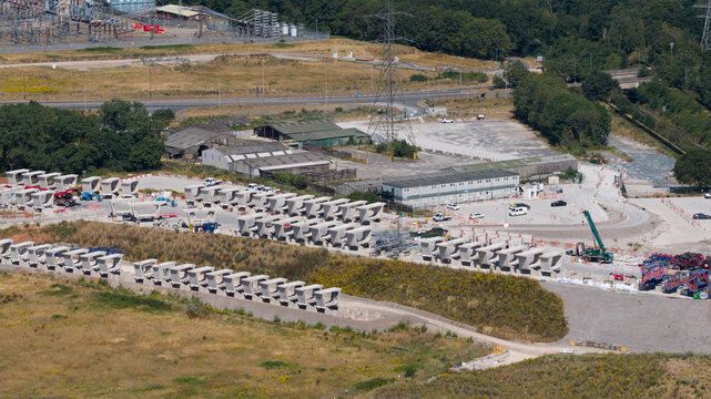 Birmingham, United Kingdom - 12 July 2026: Aerial view of High Speed 2 railway construction in England, showing major infrastructure works, earthmoving, tunnels, bridges and transport development.