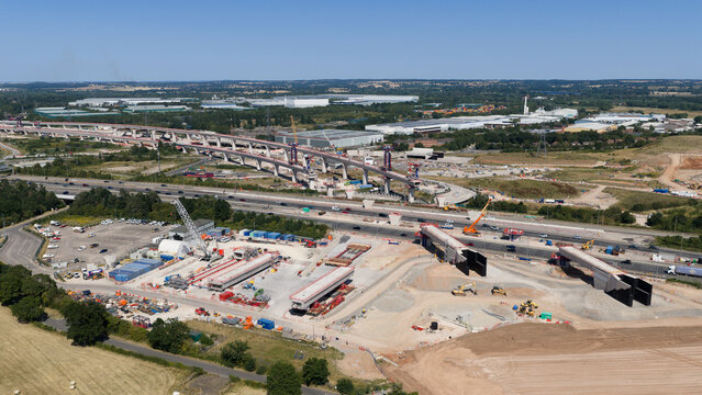 Birmingham, United Kingdom - 12 July 2026: Aerial view of High Speed 2 railway construction in England, showing major infrastructure works, earthmoving, tunnels, bridges and transport development.