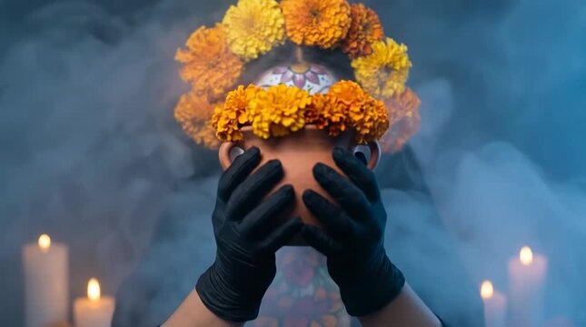 Woman with sugar skull makeup holding marigold pot