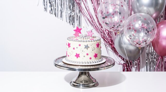 Small birthday cake decorated with pink stars and silver pearls on a shiny metal stand. Y2K aesthetic celebration concept with balloons and metallic fringe in the background party decor, copy space