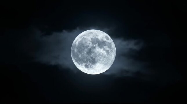 Full moon passing behind clouds in night sky