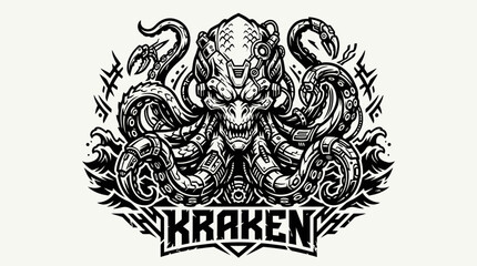 Obraz premium Cyberpunk Kraken Monster, Mechanical Octopus, Sci-Fi, Tattoo Design