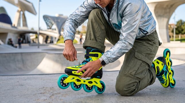 Man skater adjusting bright inline skates at a skate park. Urban athlete fixing rollerblades with a tool. Y2K fashion style with metallic jacket. Active lifestyle and street sport concept