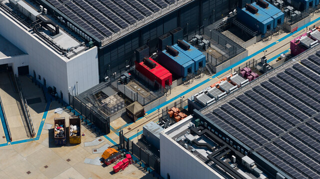Aerial view of data center backup generators and HVAC systems in Hemel Hempstead