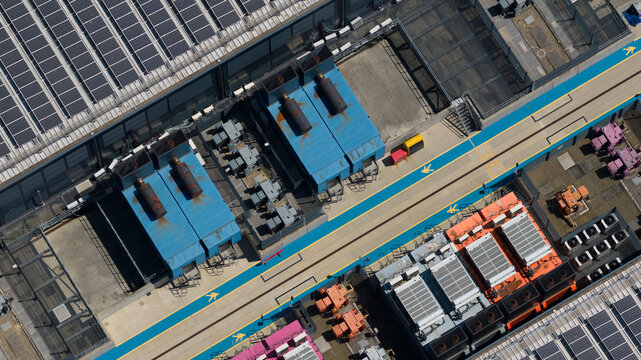 Aerial view of data center backup generators and HVAC systems in Hemel Hempstead