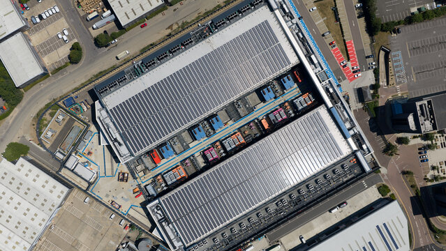 Aerial view of data center backup generators and HVAC systems in Hemel Hempstead