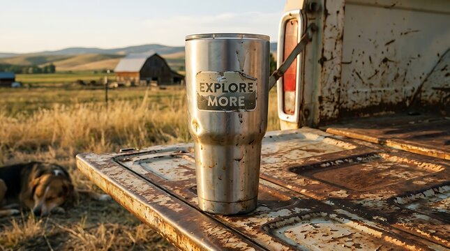 Rustic "Explore More" Travel Mug on Old Pickup Truck Tailgate, Country Farm Landscape with Sleeping Dog