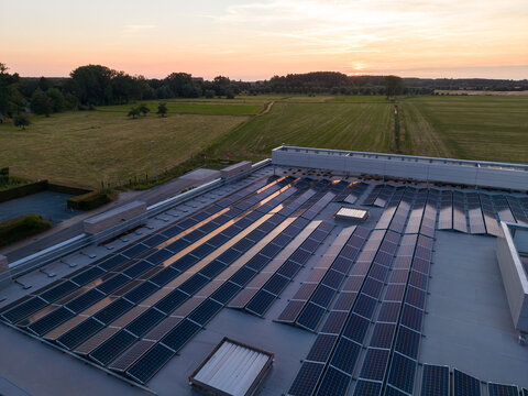 Aerial view of solar panels on a flat roof with rural fields and sunset in the background in Zemst, Flanders, Belgium.