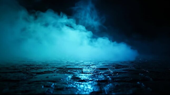 Blue smoke rolling over wet cobblestone ground.