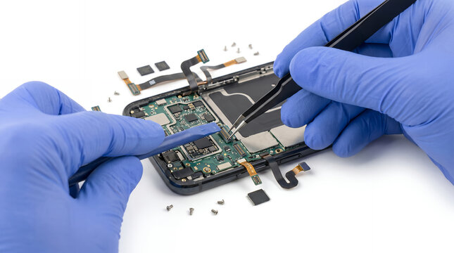 Gloved hands carefully adjusting an internal circuit connector on a disassembled modern smartphone chassis with a micro precision tool