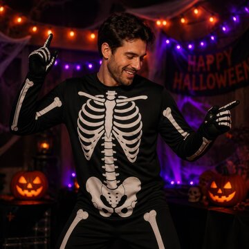 Man in skeleton costume dancing at a vibrant Halloween party