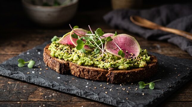 A rustic slice of sourdough bread topped with creamy smashed avocado and thin watermelon radish slices sits on a dark slate board ready for a nutritious breakfast meal enjoyed during the morning